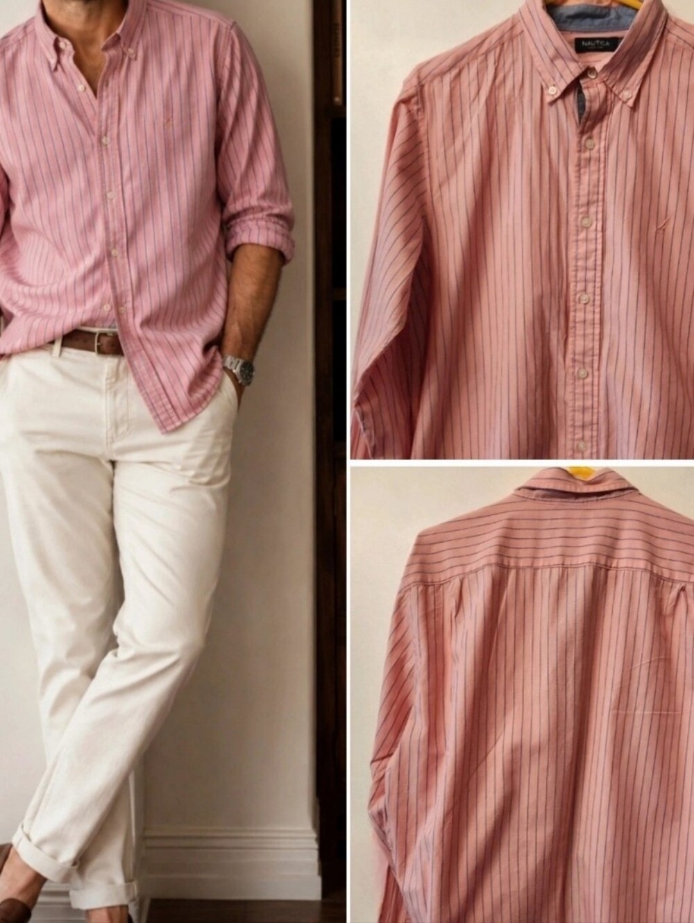 Nautica Pink/Salmon and Blue Striped Dress Shirt